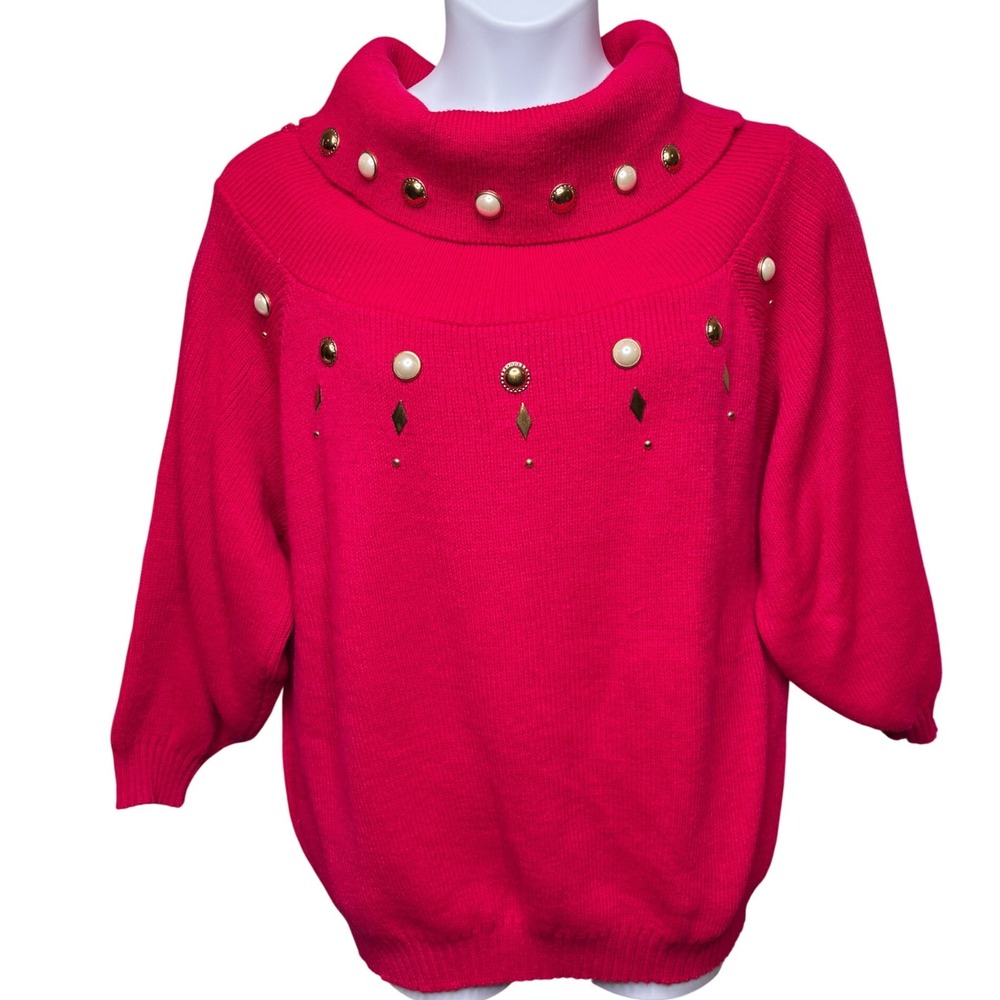 VTG 80s MARILU EXCLUSIVE Women Red Pearl Studded Cowl Neck Sweater 1X Oversized